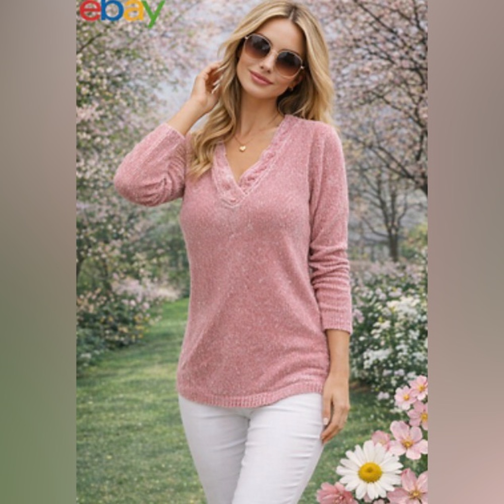 By Design- Soft V-Neck w Cable Accent  Chenille Sweater - in Blush Size Cond New